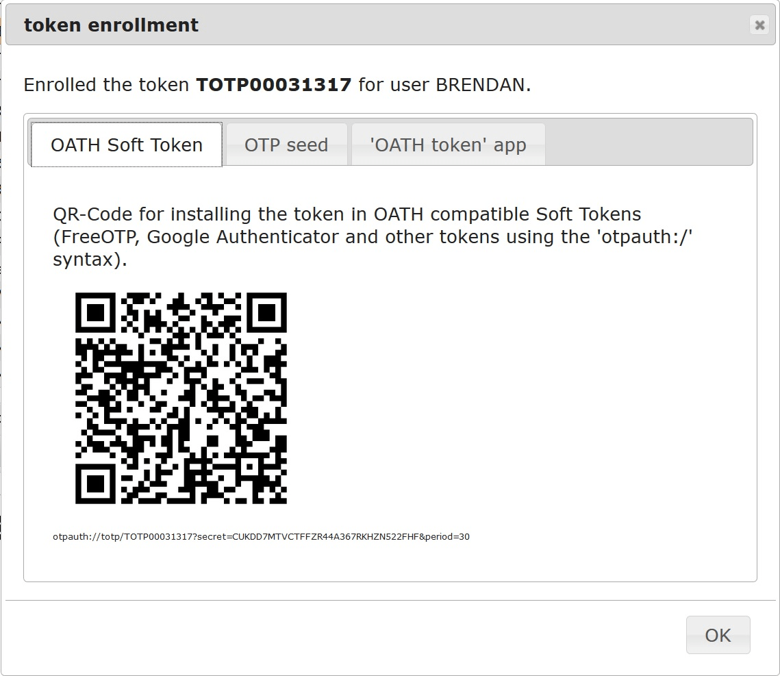 Token enrollment example of LinOTP also presented on Google Authenticator Application
