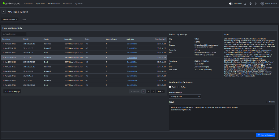 Die Abbildung zeigt die Fine-Tuning Rubrik für die WAF im Load Master